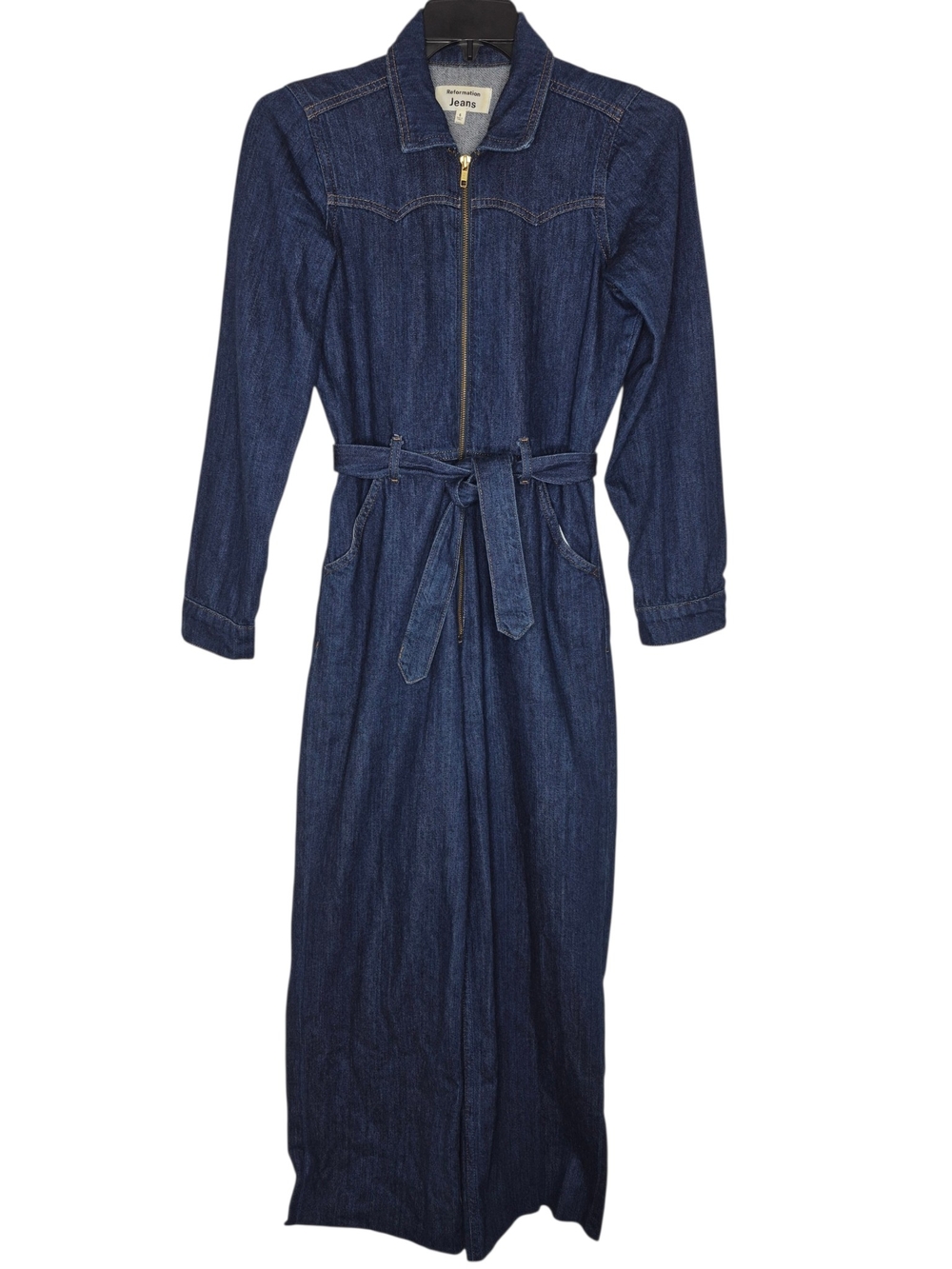 Reformation Jeans Olivia Long Sleeve Denim Belted Zip Jumpsuit Womens 6
